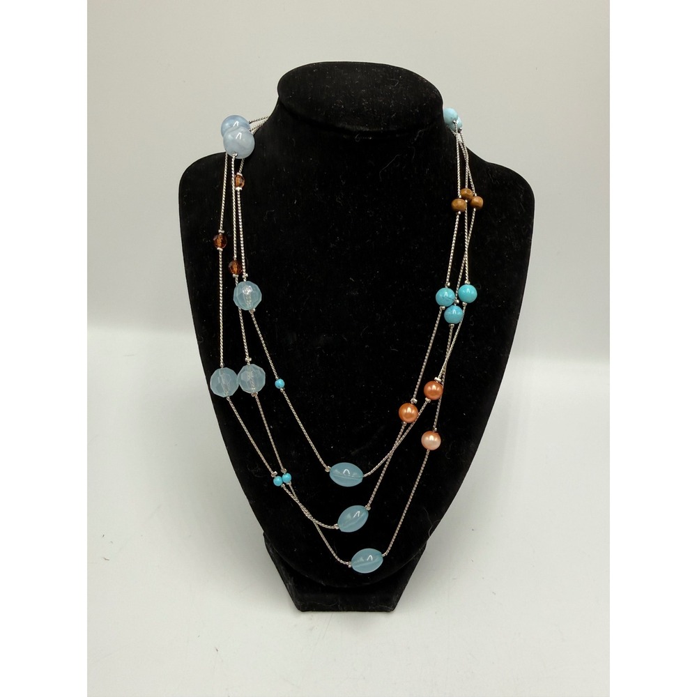Multi Strand Layered Beaded Necklace Blue Turquoise Copper Pearl Silver Tone